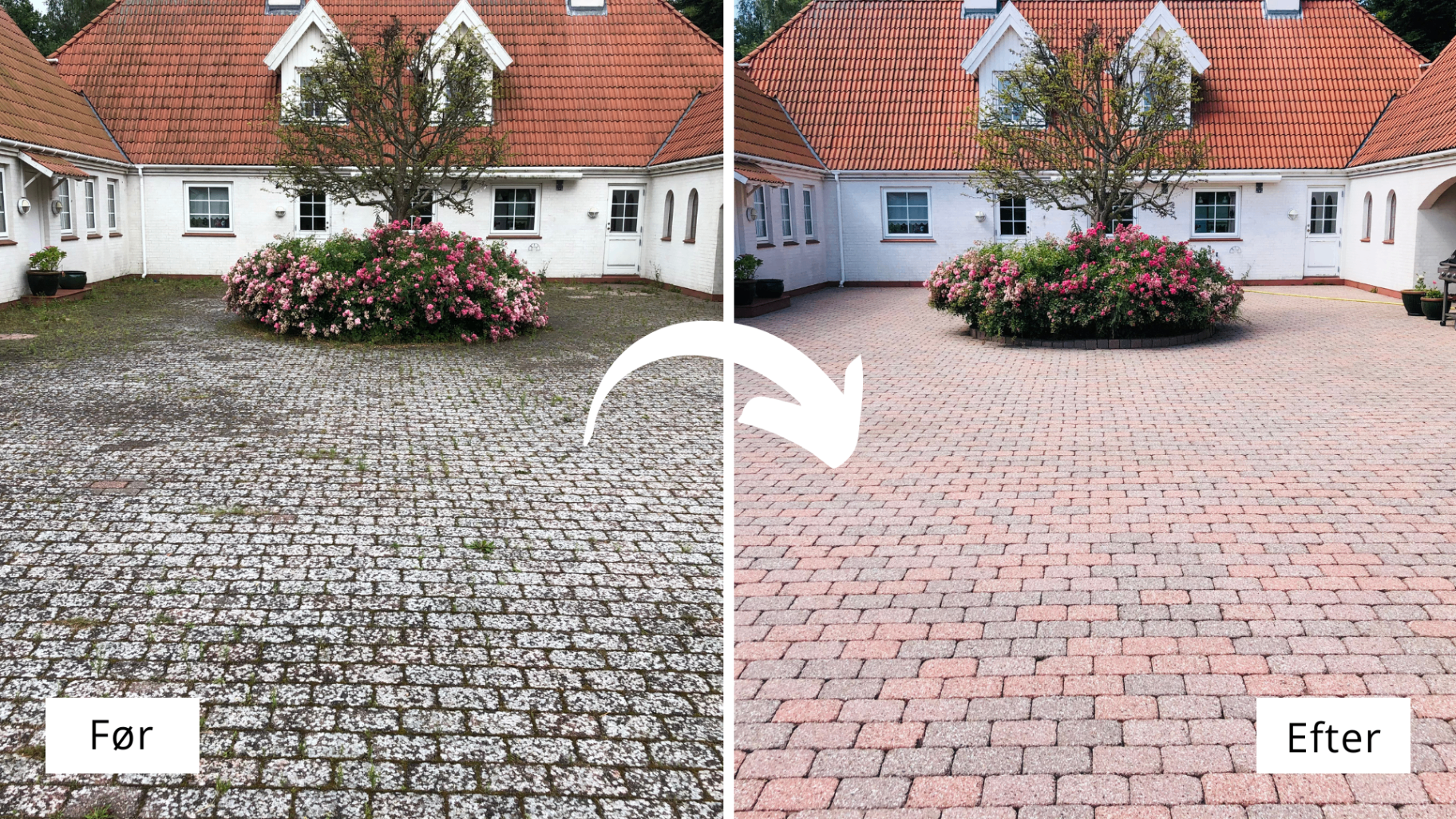 Indkørsel med rosenbed — genopfrisket belægning